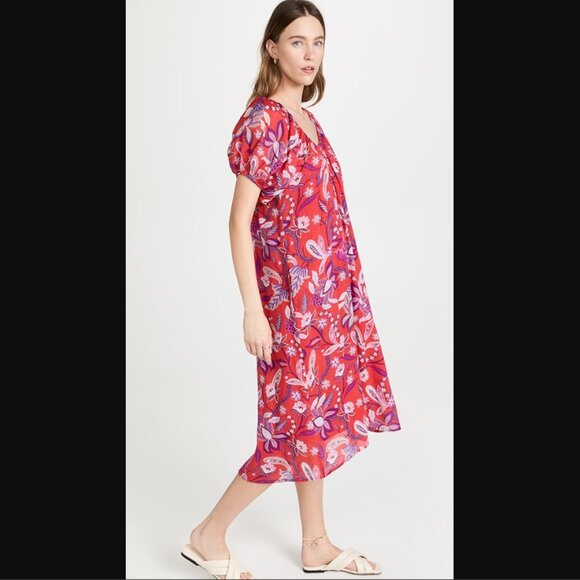 Anthropologie SUNDRY Red Floral Puff Sleeve Boho Dress Cotton Purple Red Sz S/M - Picture 14 of 15